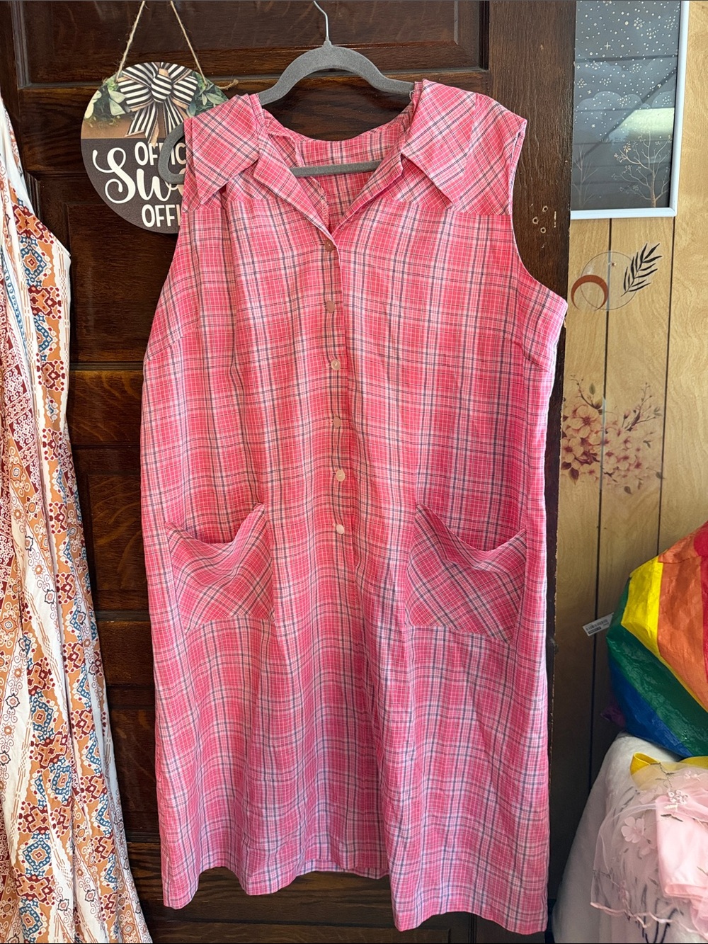 Pink Plaid Sleeveless Button-Front Vintage House dress